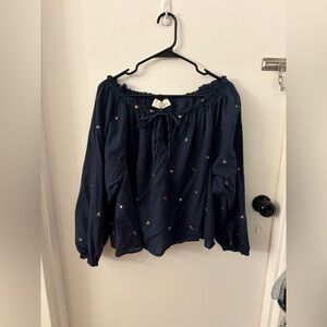 THE GREAT. Midnight Blue Embroidered Blouse